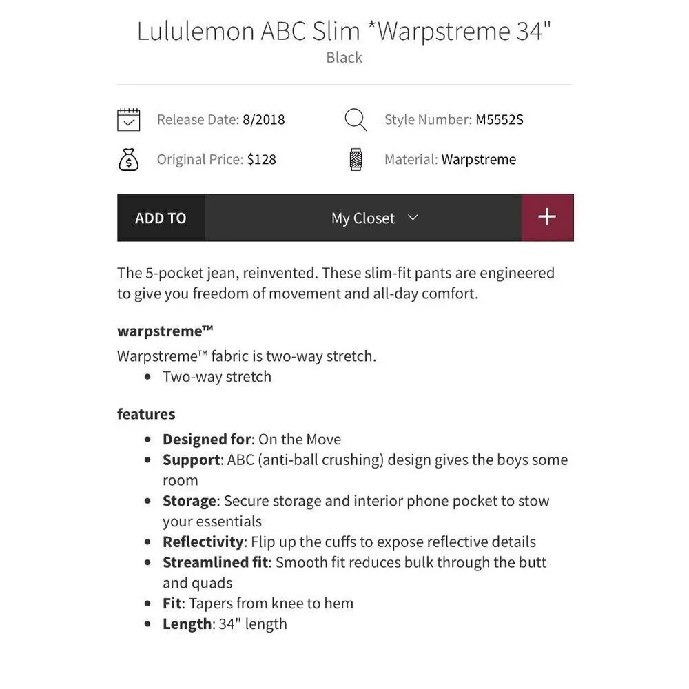 Lululemon Slim Warpstreme ABC pants(custom prints) , black, Size 33 B130